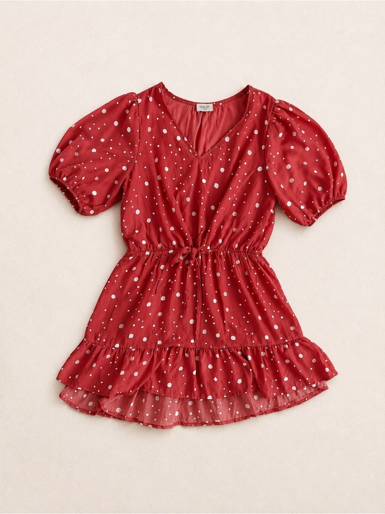 Sienna Sky Dresses & Skirts - Sienna Sky Deep Blush & White Polka Dot Tie Waist Mini Dress / Puff Sleeve /